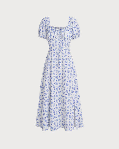 Blue Floral Square Neck Ruched Midi Dress