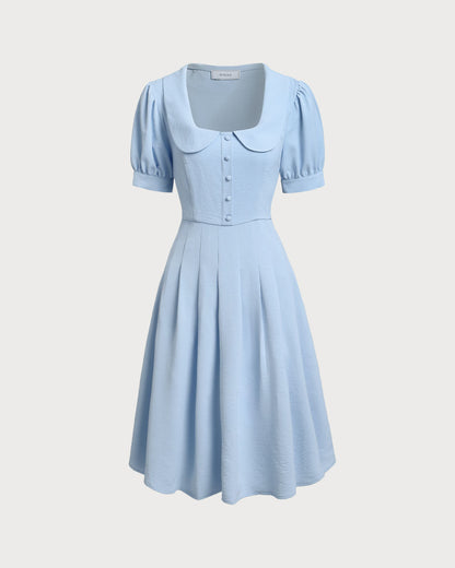 Blue U Neck Puffed Sleeve Pleated Midi Dress