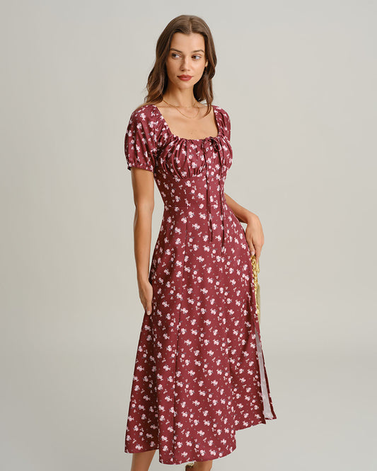 Wine Red Floral Square Neck Puffed Sleeve Midi Dress
