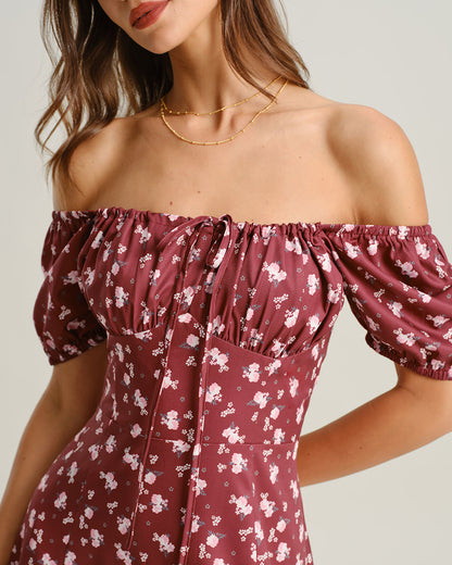 Wine Red Floral Square Neck Puffed Sleeve Midi Dress