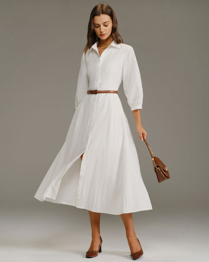 White A-Line Button Midi Dress