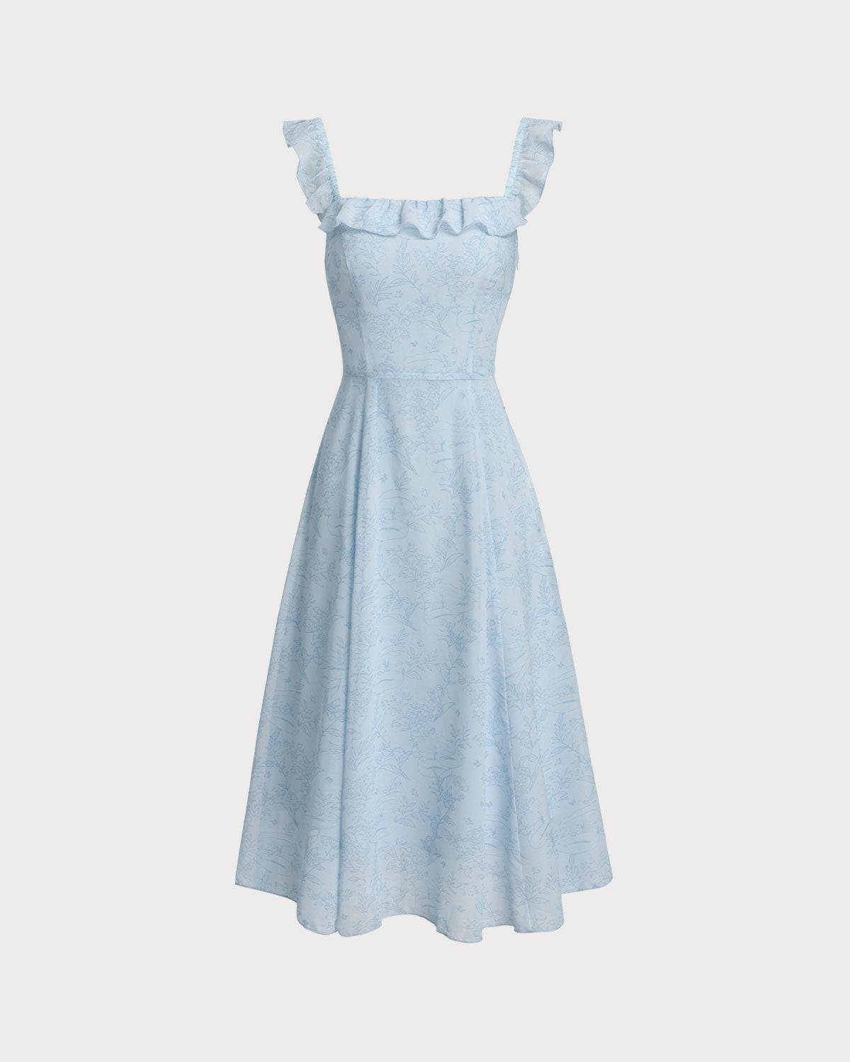 Blue Square Neck Ruffle Midi Dress
