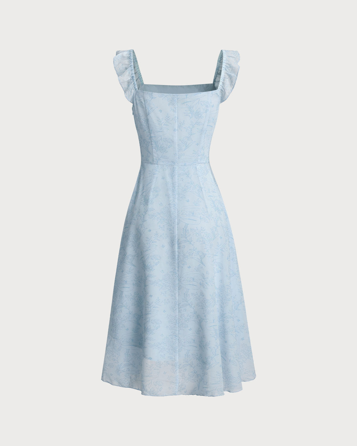 Blue Square Neck Ruffle Midi Dress