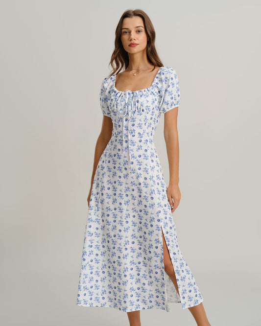 Blue Floral Square Neck Ruched Midi Dress