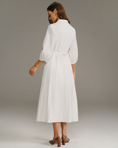 White A-Line Button Midi Dress