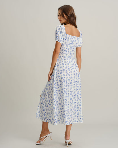 Blue Floral Square Neck Ruched Midi Dress