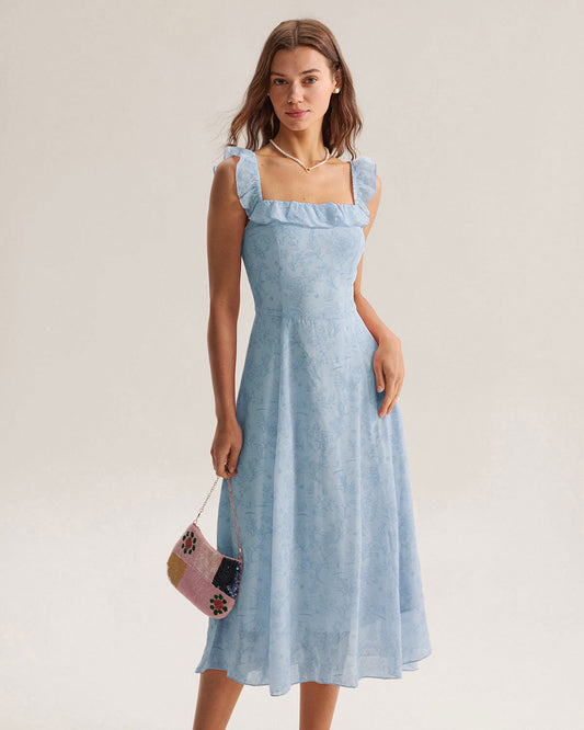 Blue Square Neck Ruffle Midi Dress