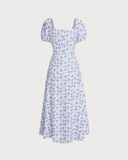 Blue Floral Square Neck Ruched Midi Dress
