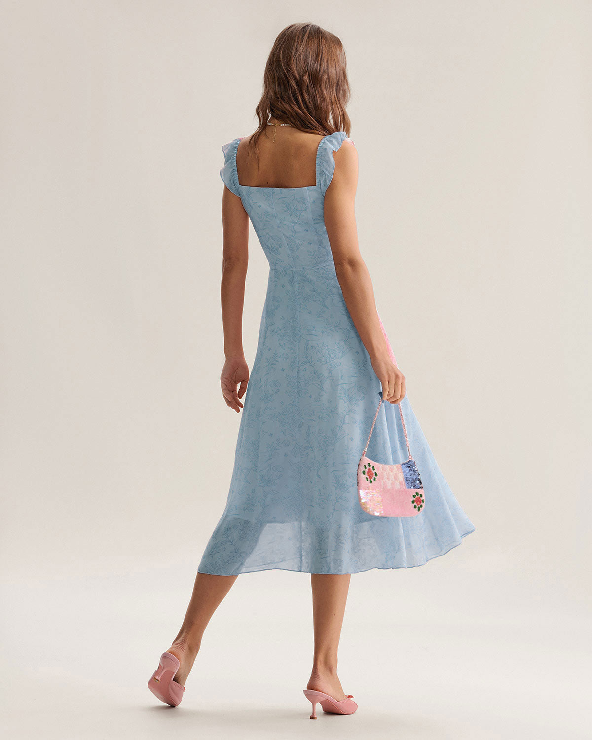 Blue Square Neck Ruffle Midi Dress