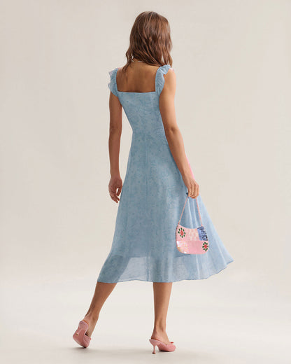 Blue Square Neck Ruffle Midi Dress