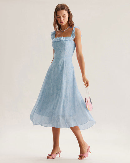 Blue Square Neck Ruffle Midi Dress