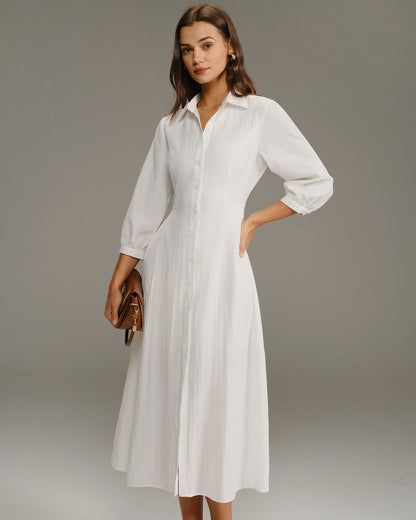 White A-Line Button Midi Dress