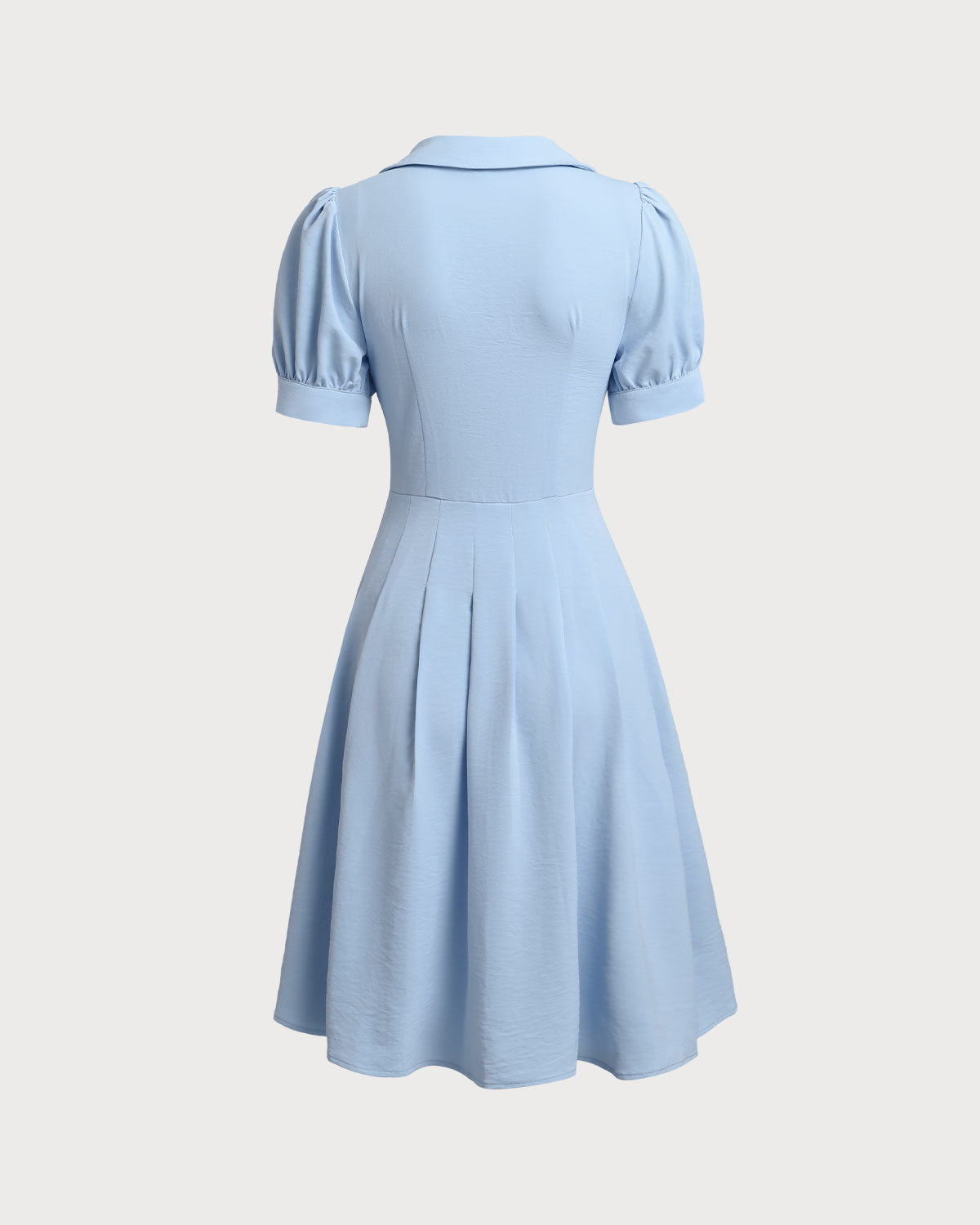 Blue U Neck Puffed Sleeve Pleated Midi Dress