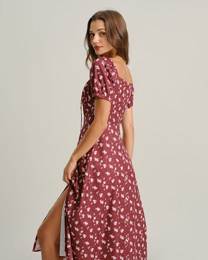 Wine Red Floral Square Neck Puffed Sleeve Midi Dress