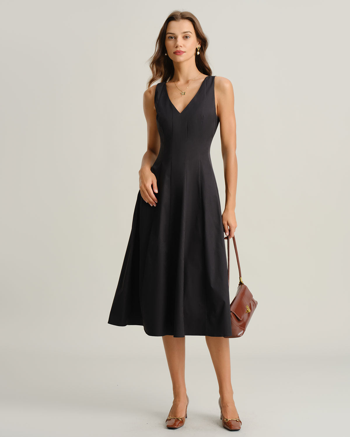Black V Neck Sleeveless Midi Dress