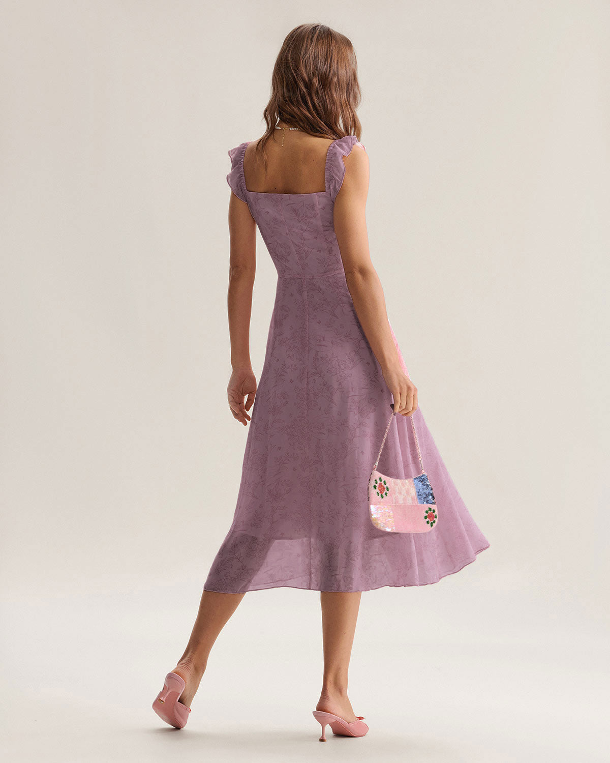 Purple Floral Square Neck Ruffle Slip Midi Dress