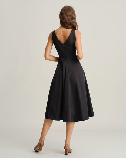 Black V Neck Sleeveless Midi Dress