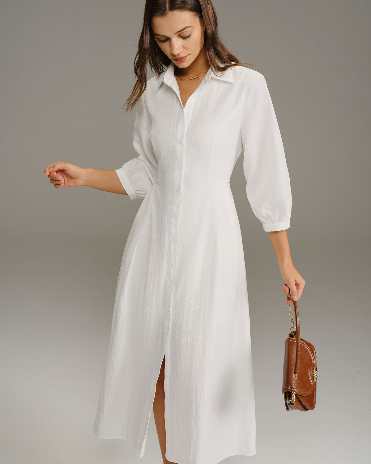 White A-Line Button Midi Dress