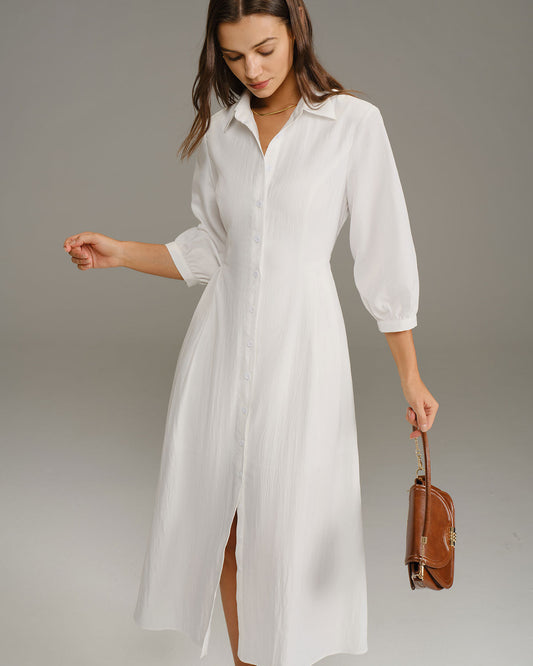 White A-Line Button Midi Dress