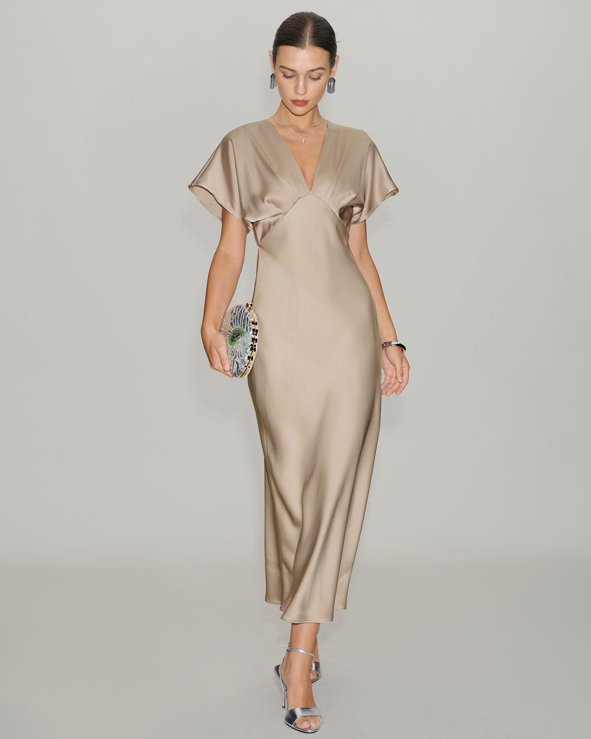 Apricot V Neck A-Line Satin Midi Dress