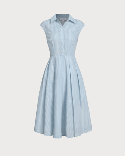 Blue Striped Cap Sleeve Midi Dress