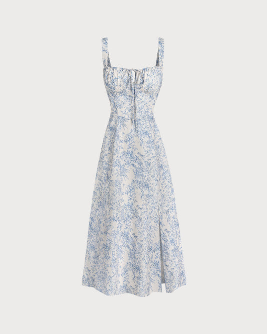 Blue Floral Ruched Slip Midi Dress