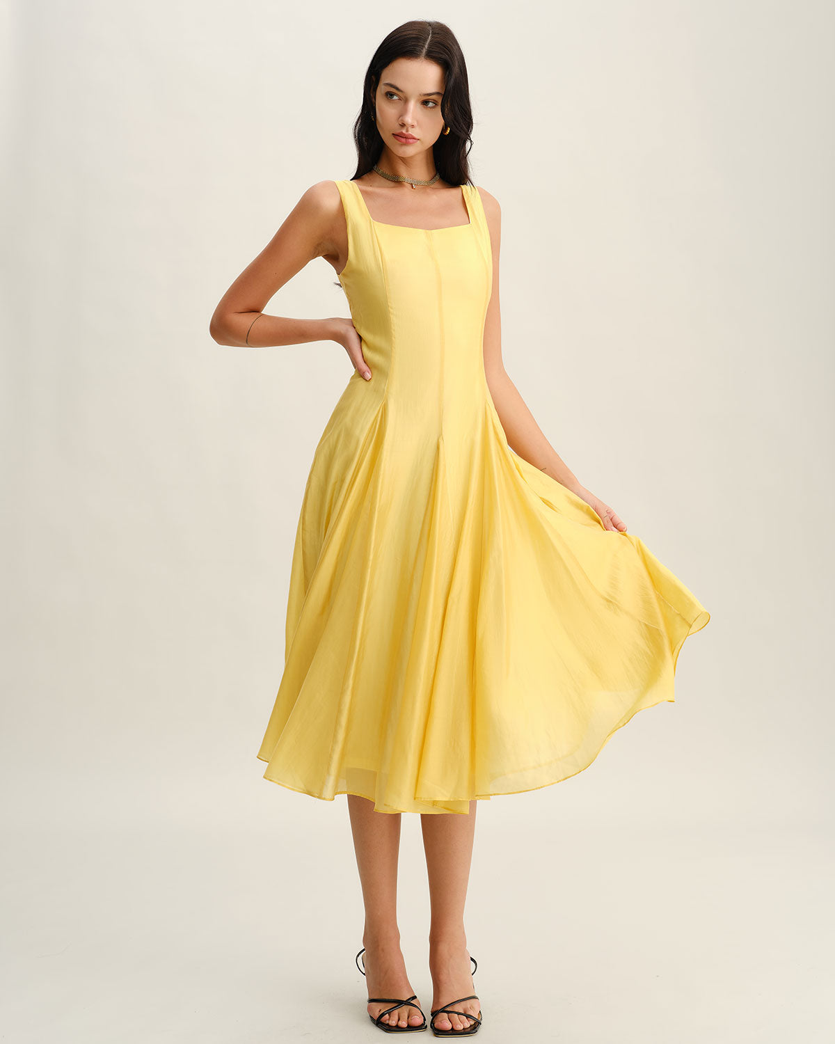 Yellow Square Neck Pleated Slip Midi Dress