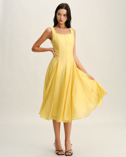 Yellow Square Neck Pleated Slip Midi Dress