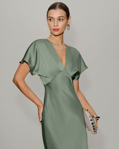 Green Satin V Neck Midi Dress