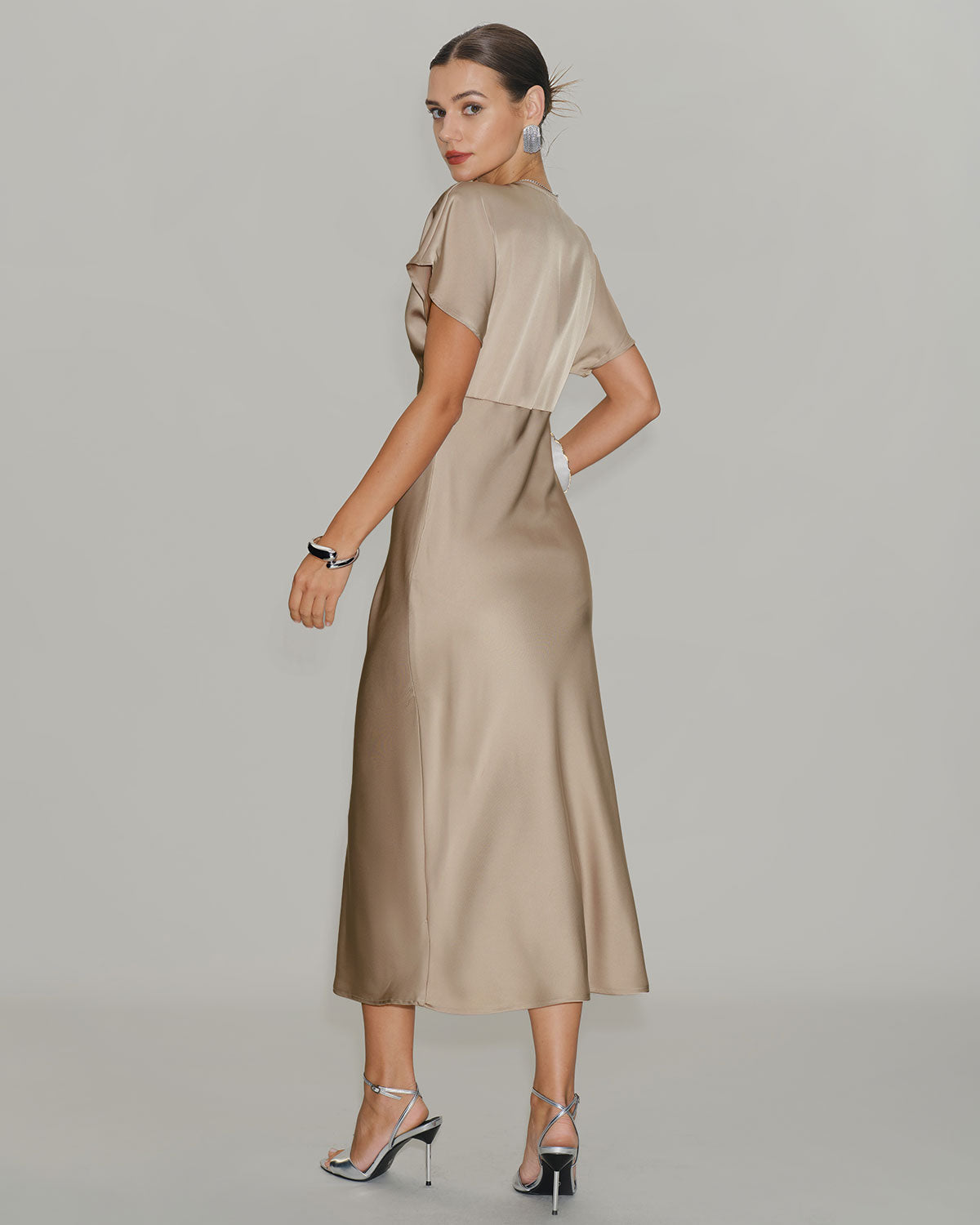 Apricot V Neck A-Line Satin Midi Dress
