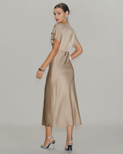 Apricot V Neck A-Line Satin Midi Dress