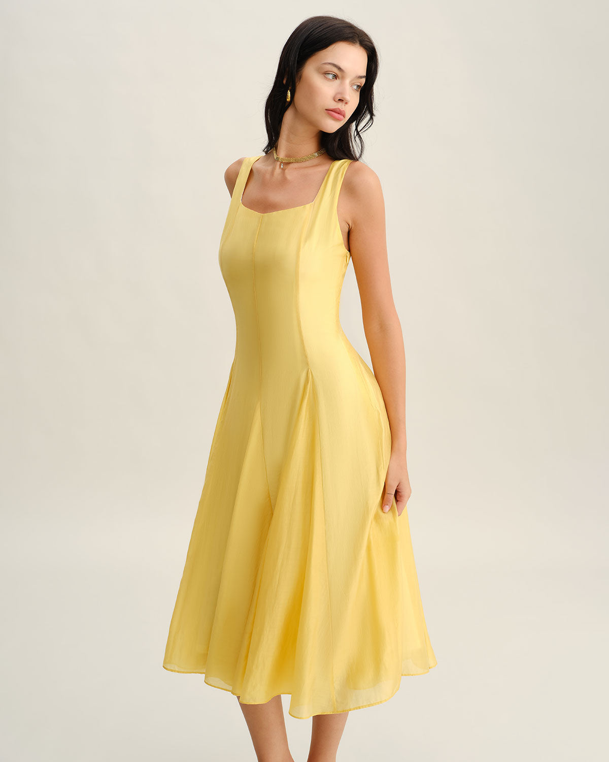 Yellow Square Neck Pleated Slip Midi Dress