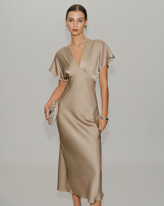 Apricot V Neck A-Line Satin Midi Dress