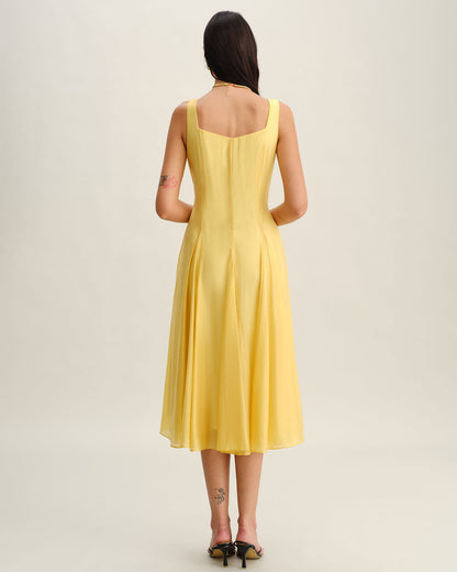 Yellow Square Neck Pleated Slip Midi Dress