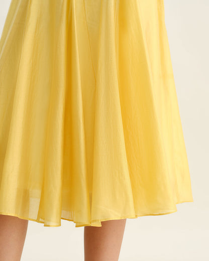 Yellow Square Neck Pleated Slip Midi Dress