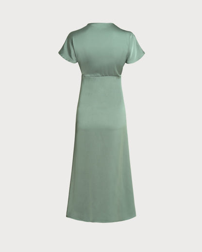 Green Satin V Neck Midi Dress