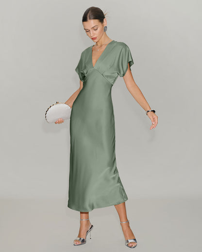 Green Satin V Neck Midi Dress