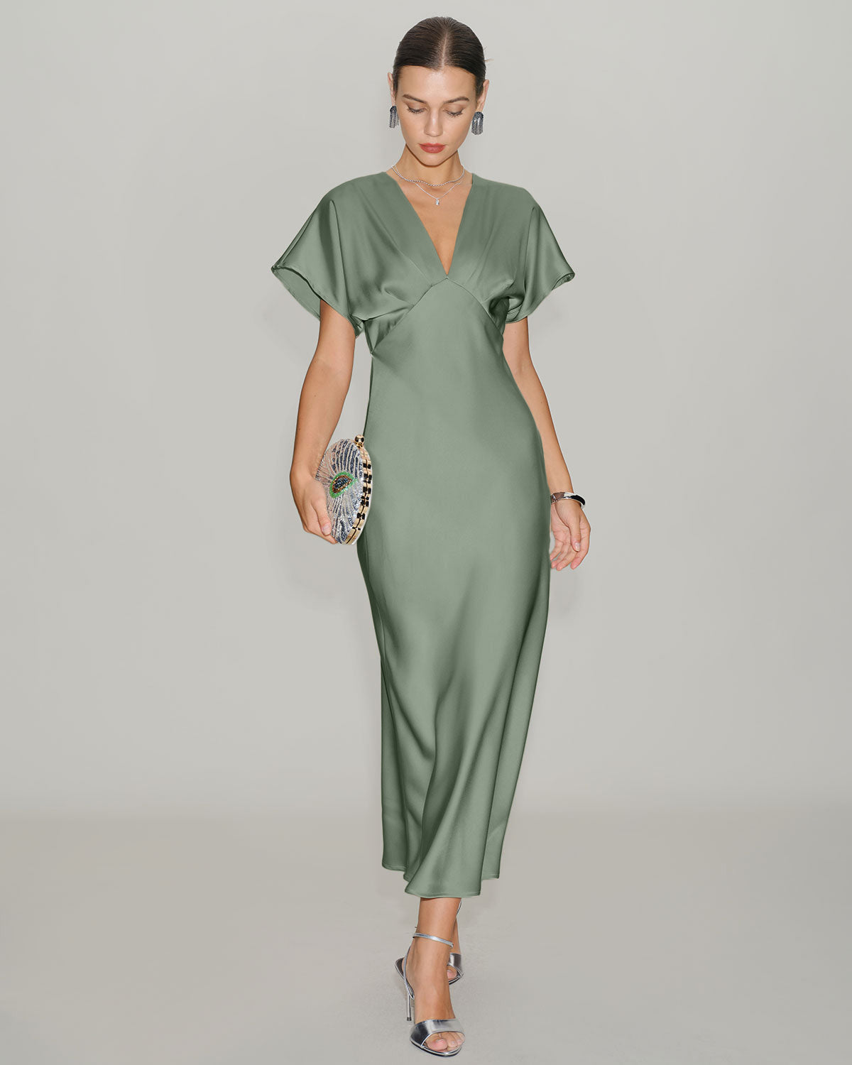 Green Satin V Neck Midi Dress