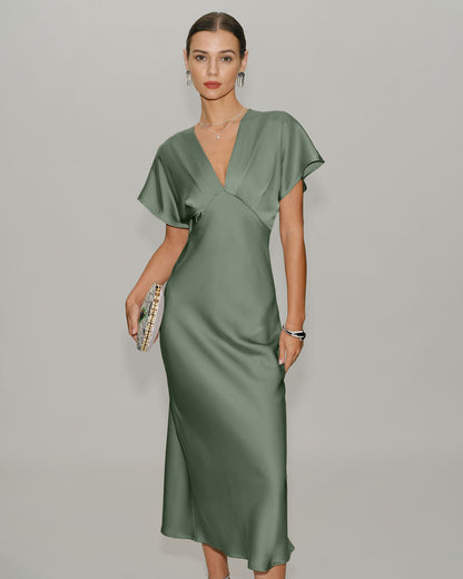 Green Satin V Neck Midi Dress