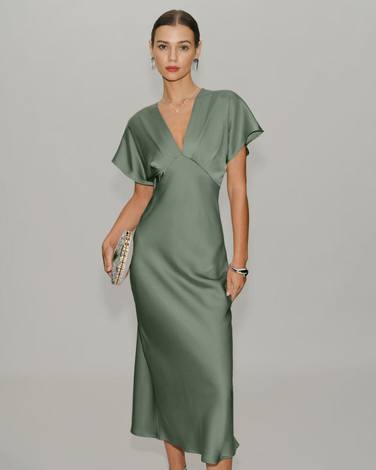 Green Satin V Neck Midi Dress