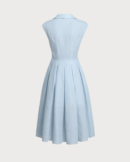 Blue Striped Cap Sleeve Midi Dress