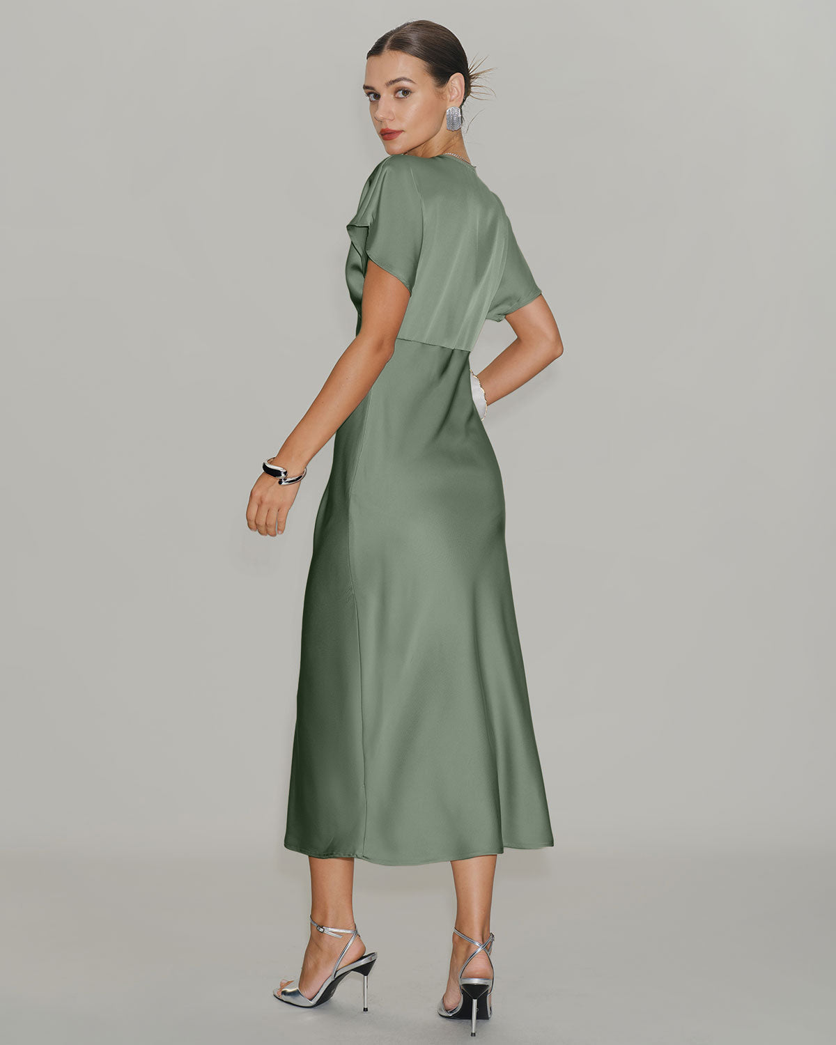 Green Satin V Neck Midi Dress