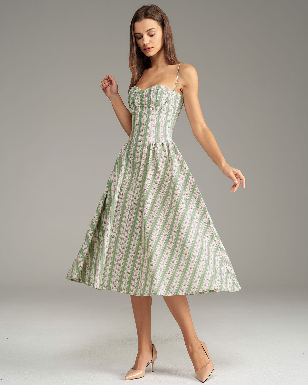 Green Striped Slip Midi Dress