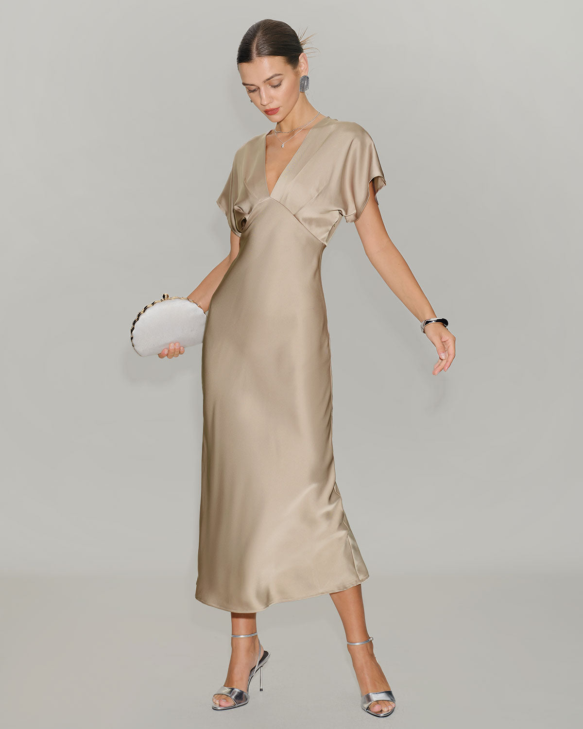 Apricot V Neck A-Line Satin Midi Dress