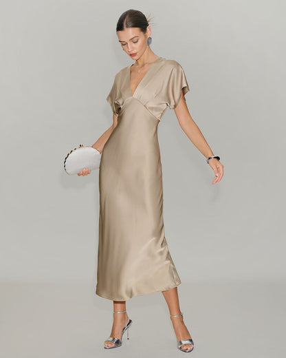 Apricot V Neck A-Line Satin Midi Dress