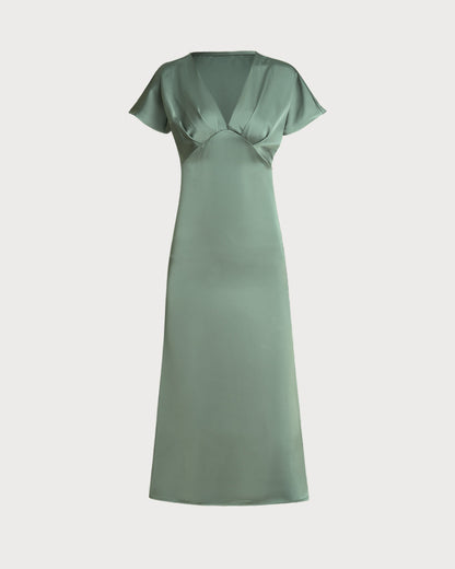Green Satin V Neck Midi Dress