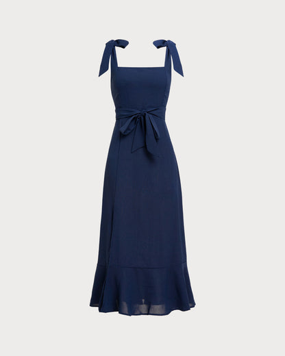 Navy Square Neck A-Line Shirred Midi Dress