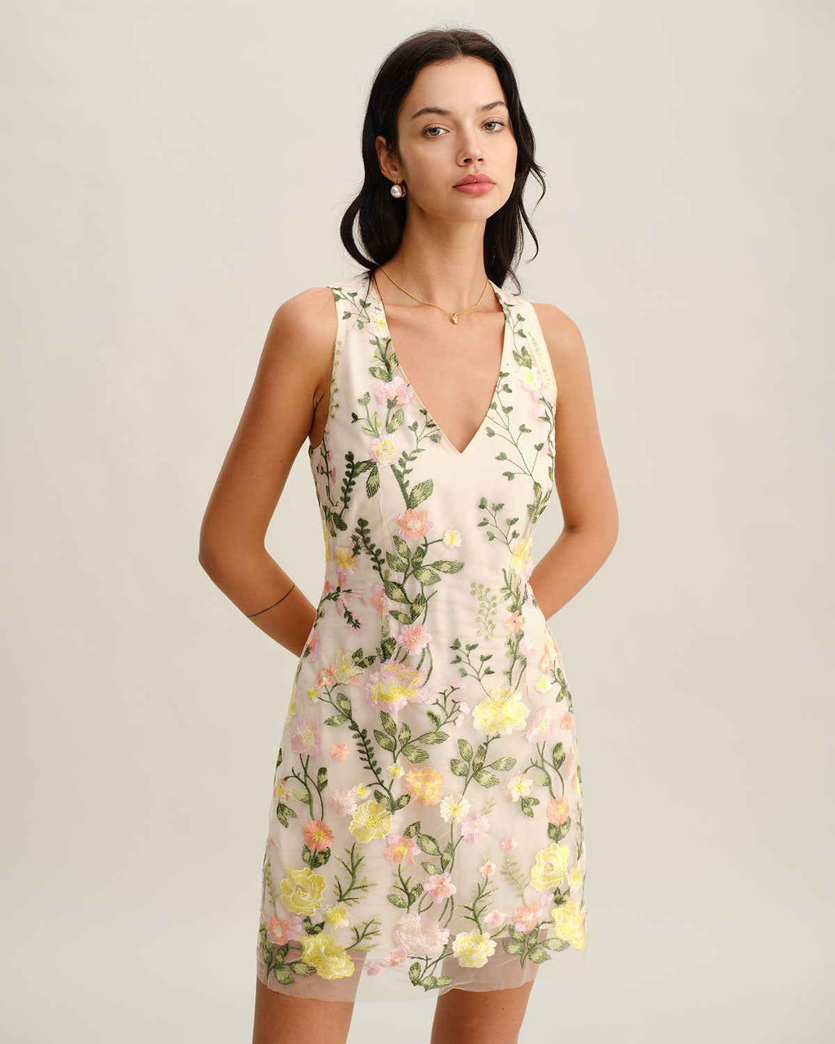 Yellow V Neck Floral Sleeveless Mini Dress