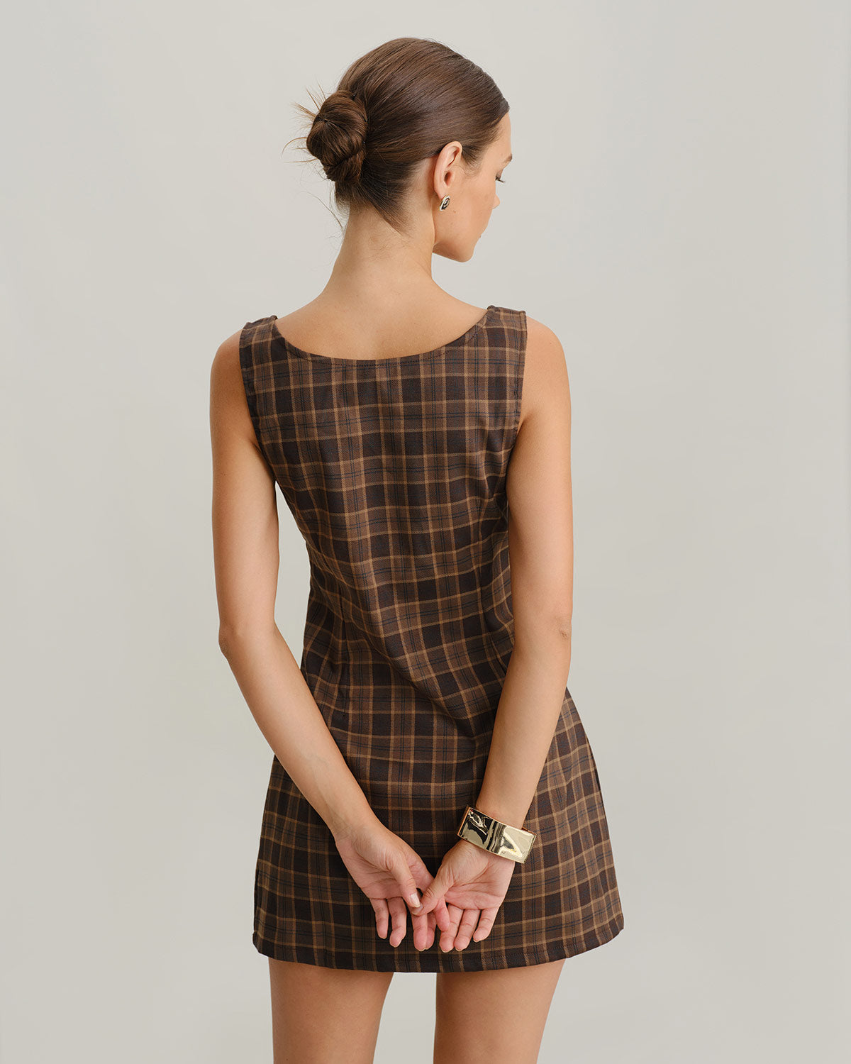 Brown Plaid Square Neck A-Line Slip Mini Dress