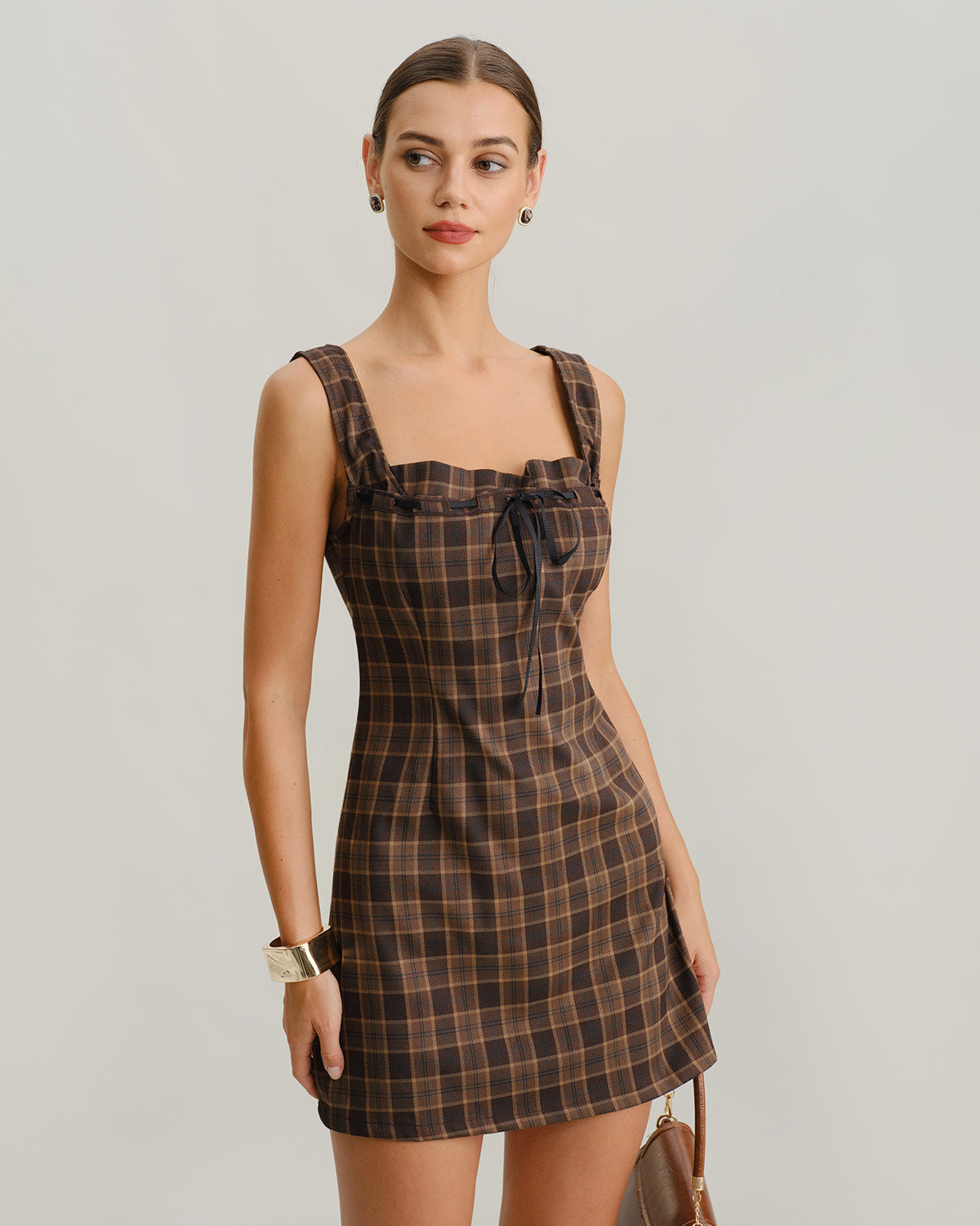 Brown Plaid Square Neck A-Line Slip Mini Dress